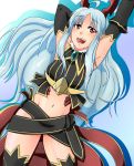  1girl aliasse armpits black_gloves black_legwear blue_hair elbow_gloves gloves groin highres hirose_geronimo long_hair navel open_mouth red_eyes senjou_no_valkyria senjou_no_valkyria_2 solo thigh-highs 