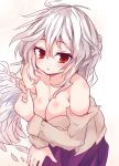  1girl albino angel_wings bad_id bare_shoulders beni_shake breasts cleavage covering covering_breasts dress dress_pull jacket kishin_sagume looking_at_viewer off_shoulder open_clothes open_jacket purple_dress red_eyes silver_hair single_wing solo touhou wavy_hair white_hair wings 