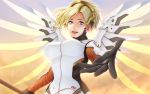  1girl backlighting black_gloves blonde_hair blue_eyes breasts clouds eyelashes from_below gloves gradient high_ponytail highres holding holding_weapon horiishi_horuto large_breasts long_hair looking_at_viewer mechanical_halo mechanical_wings mercy_(overwatch) outstretched_arm overwatch palms sky solo sun swiss_flag upper_body wallpaper weapon wing_print wings 