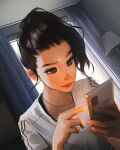  1girl black_hair brown_eyes closed_mouth curtains highres holding holding_phone indoors jewelry lips necklace phone sam_yang solo window 
