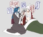  2girls alternate_costume artist_name bandaged_arm blue_eyes blue_hair commentary_request injury irelia league_of_legends long_hair multiple_girls ponytail red_eyes riven_(league_of_legends) sarashi seiza sitting supershrimpcakes white_hair 