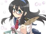  1girl aqua_eyes bangs black_hair commentary_request epaulettes glasses gomasamune hairband holding_paper kantai_collection leaning_forward long_hair looking_at_viewer necktie ooyodo_(kantai_collection) papers pleated_skirt quill school_uniform serafuku skirt smile solo upper_body 