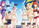  2boys 5girls ass_visible_through_thighs bangs bikini bikini_shorts blonde_hair blue_bikini blue_eyes blue_hair blunt_bangs blush breast_conscious breast_hold breasts casual_one-piece_swimsuit character_name cleavage drill_hair elise_katharina_von_hohenheim facial_hair fuji_choko gradient_bikini hachinan_tte_sore_wa_nai_deshou! hair_ornament hairband hand_on_hip highres ina_susanne_hillenbrand katharina_linda_von_weigel large_breasts long_hair luise_yolande_aurelia_overweg mohawk multiple_boys multiple_girls mustache navel one-piece_swimsuit outdoors pink_hair ponytail purple_hair purple_swimsuit red_bikini red_eyes redhead scan shorts sidelocks small_breasts smile sparkle sweatdrop swimsuit thigh_gap thumbs_up translation_request twin_drills twintails very_long_hair vilma_etre_von_asgahan violet_eyes wendelin_von_benno_baumeister yellow_bikini 