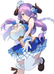  1girl blue_eyes breasts granblue_fantasy hair_over_one_eye highres horns idol kimi_to_boku_no_mirai large_breasts long_hair looking_at_viewer microphone narumeia_(granblue_fantasy) pointy_ears purple_hair skirt smile solo ultone_(neisiss) 