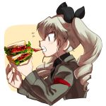  1girl anchovy black_shirt drill_hair eating flying_sweatdrops food from_side girls_und_panzer green_hair grey_jacket hair_ribbon long_hair oono_imo profile ribbon sandwich shirt solo twin_drills twintails upper_body 