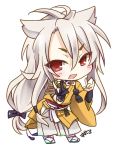  1boy armor black_gloves chibi fox_shadow_puppet gloves hakama japanese_armor japanese_clothes kogitsunemaru long_hair low-tied_long_hair male_focus open_mouth partly_fingerless_gloves red_eyes smile sode solo suzushirokei touken_ranbu white_hair 