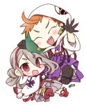  2boys ^_^ beads black_gloves chibi closed_eyes earrings eyes_visible_through_hair geta gloves hair_over_one_eye hat hood ima-no-tsurugi iwatooshi japanese_clothes jewelry male_focus multiple_boys open_mouth orange_hair red_eyes sharp_teeth smile suzushirokei teeth tengu-geta tokin_hat touken_ranbu white_hair 