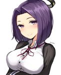  1girl blush breasts buttons crossed_arms don_(29219) headgear kantai_collection large_breasts long_sleeves looking_at_viewer mechanical_halo mole mole_under_eye purple_hair school_uniform short_hair smile solo tatsuta_(kantai_collection) twitter_username upper_body violet_eyes 