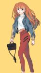  1girl 90s adapted_costume alternate_hairstyle bag handbag highres jacket long_hair neon_genesis_evangelion orange_hair solo souryuu_asuka_langley turtleneck 