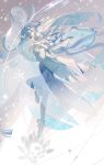  1girl anklet barefoot blue_hair closed_eyes crossed_arms highres jewelry light_particles long_hair miracle_nikki one_leg_raised profile snowflakes solo thigh-highs white_skin wind xiayu93 