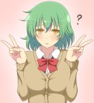  1girl ? blush bow bowtie breasts buttons cardigan commentary_request double_v green_hair hikage_(senran_kagura) ichiryuu_tsumiki large_breasts looking_at_viewer parted_lips red_bow red_bowtie school_uniform senran_kagura senran_kagura_(series) short_hair solo upper_body v yellow_eyes 