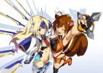  2girls :&lt; ;3 ;d ahoge animal_ears antenna_hair arm_up armor armpits asymmetrical_docking black_gloves black_legwear blazblue blazblue:_chronophantasma blonde_hair blue_eyes blush boots breast_press breasts brown_hair buckle clenched_hand cowboy_shot crop_top crotch_plate elbow_gloves fingerless_gloves floating_hair forehead_protector from_above from_side gloves gradient gradient_background knee_boots large_breasts long_hair looking_at_viewer makoto_nanaya mecha_musume mechanical_wings midriff miniskirt mu-12 multicolored_hair multiple_girls navel necktie neon_trim official_art one_eye_closed open_mouth orange_eyes outline raised_fist robot_ears shadow short_hair side_slit skirt sleeveless small_breasts smile squirrel_ears squirrel_tail standing standing_on_one_leg tail takeda_hiromitsu thigh-highs turtleneck two-tone_hair under_boob very_long_hair white_background white_hair wings 