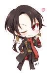  1boy ;) boots brown_hair chibi earrings heart high_heel_boots high_heels jewelry kashuu_kiyomitsu male_focus mole mole_under_mouth one_eye_closed ponytail red_eyes scarf smile solo suzushirokei touken_ranbu 