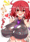  /\/\/\ 1girl :d bare_shoulders between_breasts blush breasts commentary_request detached_sleeves fang heart highres horikawa_raiko huge_breasts long_sleeves looking_at_viewer navel necktie necktie_between_breasts open_mouth plaid plaid_shirt purple_necktie red_eyes redhead rindou_(p41neko) shirt sleeveless smile solo sweat symbol-shaped_pupils touhou translation_request upper_body wet wet_clothes 