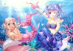  2girls blonde_hair blue_hair clam coral covering covering_breasts fish_tail i-19_(kantai_collection) kantai_collection long_hair luoye mermaid monster_girl multiple_girls red_eyes ro-500_(kantai_collection) shell topless tri_tails twintails underwater violet_eyes 