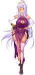  1girl :o absurdres blue_eyes boots breasts china_dress chinese_clothes cleavage cleavage_cutout detached_sleeves dress full_body garter_belt garter_straps hands_on_hips highres hikage_eiji koihime_musou kougai large_breasts lavender_hair long_hair looking_at_viewer mole mole_under_mouth official_art open_mouth pelvic_curtain ponytail sidelocks silver_hair simple_background single_glove sleeveless smile solo standing thigh-highs very_long_hair white_background 