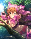  1girl alice_in_wonderland animal_ears aqua_eyes artist_request braid brown_hair cat_ears cat_tail cheshire_cat cheshire_cat_(cosplay) fingerless_gloves gloves grin idolmaster idolmaster_million_live! kousaka_umi long_hair looking_at_viewer nail_polish navel official_art pink_shorts shorts smile solo striped striped_legwear tail thigh-highs tree 