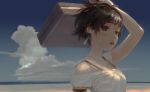  1girl :o arm_up armlet bangs beach black_hair blue_sky bra_strap breasts brown_eyes clouds earrings eyelashes floating_hair highres holding jewelry mtz ocean off-shoulder_shirt original outdoors sand shade shirt short_hair short_sleeves sky solo suitcase summer upper_body wind 