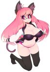  1girl absurdres ahoge animal_ears black_bra blush bra breasts collarbone fang full_body glasses highres jacket large_breasts long_hair makeup navel outstretched_arms panties pink_hair pink_panties red_eyes simple_background slugbox smile solo tail thigh-highs underwear 