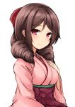  1girl bow brown_hair don_(29219) drill_hair hair_bow hakama hand_on_own_chest harukaze_(kantai_collection) japanese_clothes kantai_collection kimono long_hair long_sleeves looking_at_viewer pink_kimono red_bow red_eyes red_hakama simple_background smile solo twin_drills white_background wide_sleeves 