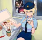  3girls black_hair blonde_hair blue_eyes breasts cellphone coffee coffee_cup cup doughnut doughnut_box eating female_service_cap food food_on_face lid multiple_girls necktie pastry_box pencil_skirt phone pink_hair police police_uniform policewoman red_eyes sitting skirt smartphone thief tongue tongue_out uniform washi_no_tosaka watch watch 