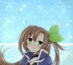  1girl bow brown_hair close-up face green_eyes hair_bow hair_ornament highres if_(choujigen_game_neptune) long_hair looking_at_viewer neptune_(series) ribbon shika_tsui solo tears upper_body 