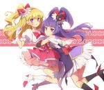  2girls :o anklet asahina_mirai blonde_hair boots bracelet cure_magical cure_miracle gloves hat heart highres hug izayoi_liko jewelry long_hair looking_at_viewer magical_girl mahou_girls_precure! mini_hat mini_witch_hat multiple_girls precure purple_hair red_eyes star touming_renjian violet_eyes white_gloves witch_hat 