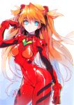  1girl adjusting_hair bangs blue_eyes bodysuit bracer breasts bright_pupils contrapposto cowboy_shot from_side gloves gradient gradient_background hair_between_eyes hand_up headgear hips long_hair looking_at_viewer neon_genesis_evangelion number orange_hair parted_lips pilot_suit plugsuit shiny shiny_clothes signature sketch skin_tight slender_waist solo souryuu_asuka_langley standing thighs turtleneck two_side_up very_long_hair 