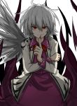 1girl bags_under_eyes evil_smile finger_to_mouth highres jacket kan_(aaaaari35) kishin_sagume looking_at_viewer nail_polish open_clothes open_jacket red_eyes red_nails short_hair silver_hair single_wing smile smirk solo touhou wings 