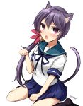  1girl :o akebono_(kantai_collection) animal_ears bell between_legs black_legwear blue_skirt blush cat_ears cat_tail don_(29219) flower hair_bell hair_flower hair_ornament hand_between_legs kantai_collection kemonomimi_mode kneehighs long_hair looking_at_viewer neck_ribbon paw_pose pleated_skirt purple_hair ribbon school_uniform serafuku short_sleeves side_ponytail simple_background sitting skirt solo tail twitter_username very_long_hair violet_eyes wariza white_background 