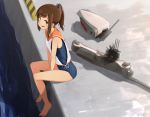  1girl bangs bare_legs bare_shoulders barefoot between_legs blurry blush brown_hair eyebrows eyebrows_visible_through_hair from_above from_side full_body hair_ornament hairclip hand_between_legs i-401_(kantai_collection) japanese_flag kantai_collection legs looking_at_viewer one-piece_swimsuit open_mouth ribbon sailor_collar school_swimsuit shadow short_hair sidelocks sitting sleeveless smile solo striped suke_(momijigari) swimsuit tan turret water white_ribbon yellow_eyes 