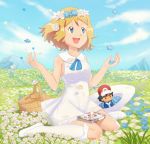  1girl :d basket blue_eyes blue_flower blue_sky cosplay doll dress gazing_eye hat hat_removed head_wreath headwear_removed lillie_(pokemon) lillie_(pokemon)_(cosplay) md5_mismatch open_mouth outdoors picnic_basket pokemon satoshi_(pokemon) serena_(pokemon) shoes sitting sky smile solo wariza white_dress white_flower white_hat white_legwear white_shoes 