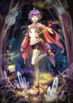 1girl bangs copyright_name crystal detached_sleeves full_body glowing grass holding japanese_clothes kuroi lantern long_hair looking_at_viewer one_leg_raised open_mouth original outstretched_hand pink_eyes pixiv_fantasia pixiv_fantasia_t platform_footwear purple_hair ribbon sandals solo standing standing_on_one_leg tree wide_sleeves wings 