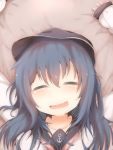  1girl akatsuki_(kantai_collection) anchor_symbol blue_hair blush closed_eyes commentary_request drooling fang flat_cap hat highres kantai_collection long_hair lying on_back open_mouth portrait saliva school_uniform serafuku sleeping sleeves_past_wrists solo sorahachi_(sora823) 