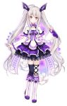  1girl asymmetrical_legwear bare_shoulders black_legwear boots compile_heart elbow_gloves flower fukahire_sanba full_body gloves hair_ornament long_hair midriff omega_quintet pleated_skirt red_eyes ribbon silver_hair simple_background skirt solo standing twintails wide_sleeves 