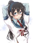  1girl adjusting_hair arms_behind_head black_hair blue_eyes glasses hairband jiino kantai_collection long_hair looking_at_viewer mouth_hold necktie ooyodo_(kantai_collection) ponytail school_uniform semi-rimless_glasses serafuku solo under-rim_glasses 