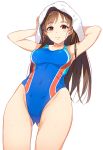  1girl arms_up ass_visible_through_thighs blush breasts brown_eyes brown_hair closed_mouth collarbone competition_swimsuit covered_navel cowboy_shot drying_hair idolmaster idolmaster_cinderella_girls long_hair looking_at_viewer nitta_minami one-piece_swimsuit simple_background smile solo standing swimsuit towel wet white_background yuuhi_(ages) 