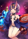  1girl :q alcohol bare_shoulders blush bob_cut breasts commentary_request fang fate/grand_order fate_(series) highres horns japanese_clothes jewelry kimono looking_at_viewer midriff murakami_yuichi navel off_shoulder oni oni_horns open_mouth purple_background purple_hair revision sakazuki sake short_hair shuten_douji_(fate/grand_order) small_breasts smile solo tongue tongue_out violet_eyes wakamezake 