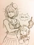  2girls \m/ beret greyscale hat kantai_collection maya_(kantai_collection) middle_finger midriff monochrome multiple_girls pose short_hair sketch traditional_media uzaki_(jiro) yukikaze_(kantai_collection) 