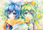  2girls ahoge ascot bangs blue_bow blue_eyes blue_hair blush bow can cirno covered_mouth daiyousei dress green_eyes green_hair hair_bow hair_ribbon holding_can lakestep55 mittens multiple_girls orange_scarf puffy_short_sleeves puffy_sleeves ribbon scarf shared_scarf shirt short_sleeves side_ponytail sleeveless sleeveless_dress snowman_print touhou traditional_media upper_body yellow_ribbon 