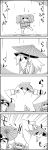  4koma arms_up bucket cirno comic commentary dancing hair_bobbles hair_ornament hat highres in_bucket in_container kirisame_marisa kisume monochrome no_humans oriental_umbrella raincoat smile tani_takeshi touhou translated twintails umbrella witch_hat wooden_bucket yukkuri_shiteitte_ne 