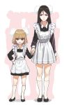  2girls :d alternate_costume apron arm_at_side bangs black_dress black_hair black_shoes blonde_hair blue_eyes blunt_bangs closed_mouth dress enmaided full_body girls_und_panzer gufu6 hair_between_eyes hair_ornament hand_on_hip height_difference high_heels jumper katyusha kneehighs lace-trimmed_apron legs_apart long_hair long_sleeves looking_at_another looking_at_viewer looking_to_the_side maid maid_apron multiple_girls nonna open_mouth shoes short_dress short_hair silhouette small_breasts smile standing white_apron white_legwear 