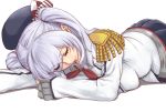  1girl beret commentary_request epaulettes hat ishii_hisao kantai_collection kashima_(kantai_collection) long_hair lying on_stomach pleated_skirt silver_hair skirt sleeping solo twintails 