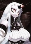  1girl :&lt; breasts detached_sleeves dress eyelashes highres horn kantai_collection koi_drake large_breasts long_hair red_eyes ribbed_dress seaport_hime shinkaisei-kan solo upper_body very_long_hair white_dress white_hair white_skin 