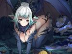  1girl all_fours animal_ears aqua_hair bangs bare_back blue_eyes blue_wings breasts claws cleavage dragon_girl dragon_horns dragon_tail dragon_wings from_above fur gradient_hair horns large_breasts looking_at_viewer moeru!_jiten multicolored_hair official_art original sidelocks solo tail wings youcapriccio 