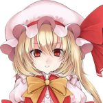  1girl blonde_hair commentary_request flandre_scarlet hat hat_ribbon looking_at_viewer lowres open_mouth puffy_sleeves red_eyes red_ribbon ribbon side_ponytail smile solo touhou utakata_(kochou_no_yume) yellow_ribbon 