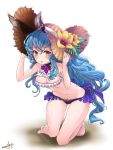  1girl :o animal_ears artist_name ass_visible_through_thighs bare_shoulders barefoot bikini blue_hair blush breasts cat_ears cleavage dated earrings ferry_(granblue_fantasy) flower frilled_bikini frills full_body granblue_fantasy hands_on_headwear hat hat_flower hibiscus holding holding_hat hoop_earrings jewelry kneeling leaning_forward long_hair looking_at_viewer monikon13 navel open_mouth single_earring solo straw_hat swimsuit wavy_hair white_background yellow_eyes 