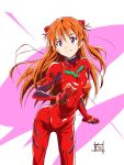 1girl bangs blue_eyes bodysuit bracer clenched_hands closed_mouth cowboy_shot gloves headgear highres leaning_forward legs_apart light_smile long_hair looking_at_viewer neon_genesis_evangelion nii_manabu number orange_hair pilot_suit plugsuit purple_background signature skin_tight skinny small_breasts smile solo souryuu_asuka_langley standing turtleneck two_side_up very_long_hair white_background 
