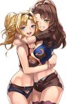  2girls :d arms_around_neck arms_around_waist bangs beatrix_(granblue_fantasy) bikini black_shorts blonde_hair blue_eyes blush braid breasts brown_hair brown_shorts cowboy_shot crop_top eredhen granblue_fantasy green_eyes grin hair_intakes hair_ornament hairband highres large_breasts long_hair looking_at_viewer midriff multiple_girls navel one_eye_closed open_fly open_mouth own_hands_together ponytail short_shorts short_sleeves shorts simple_background sleeveless smile stomach swimsuit twintails white_background zeta_(granblue_fantasy) 