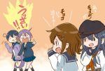  4girls ahoge akatsuki_(kantai_collection) akebono_(kantai_collection) annoyed bangs bell belt black_hair blue_hair blush brown_eyes brown_hair cardigan closed_eyes commentary_request embarrassed flower hair_bell hair_flower hair_ornament hairclip hand_to_own_mouth hat ikazuchi_(kantai_collection) kantai_collection kneehighs long_hair miniskirt multiple_girls neckerchief open_mouth otoufu pointing purple_hair remodel_(kantai_collection) school_uniform serafuku short_hair shouting side_ponytail sidelocks skirt sleeves_past_wrists sweater teasing translated ushio_(kantai_collection) very_long_hair waving 